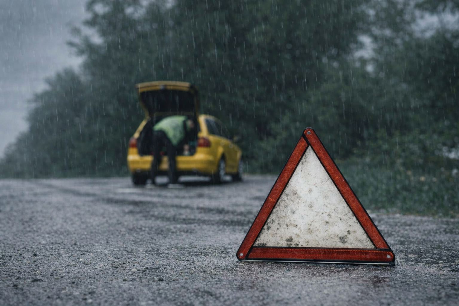 Gevarendriehoek bij autopech in de regen